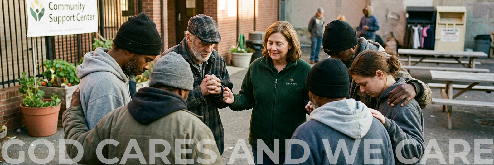 Person praying with and supporting someone experiencing homelessness outdoors